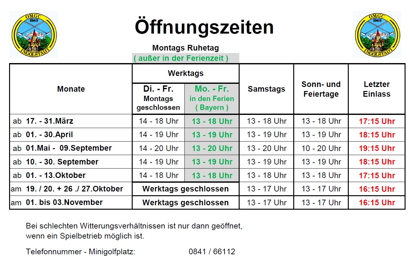 Öffnungszeiten Minigolf Ingolstadt
